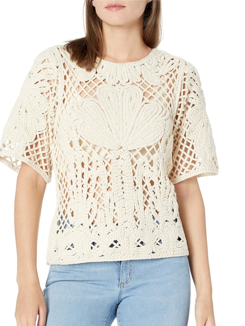 Karen Kane Cream Off-White 100% Cotton Crochet Knit Short Sleeve Top M
